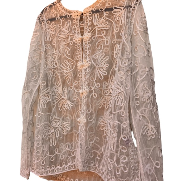 Vintage Princess Cruises White Metallic Sheer Lace Embroidered Blouse XL Formal - Picture 5 of 10